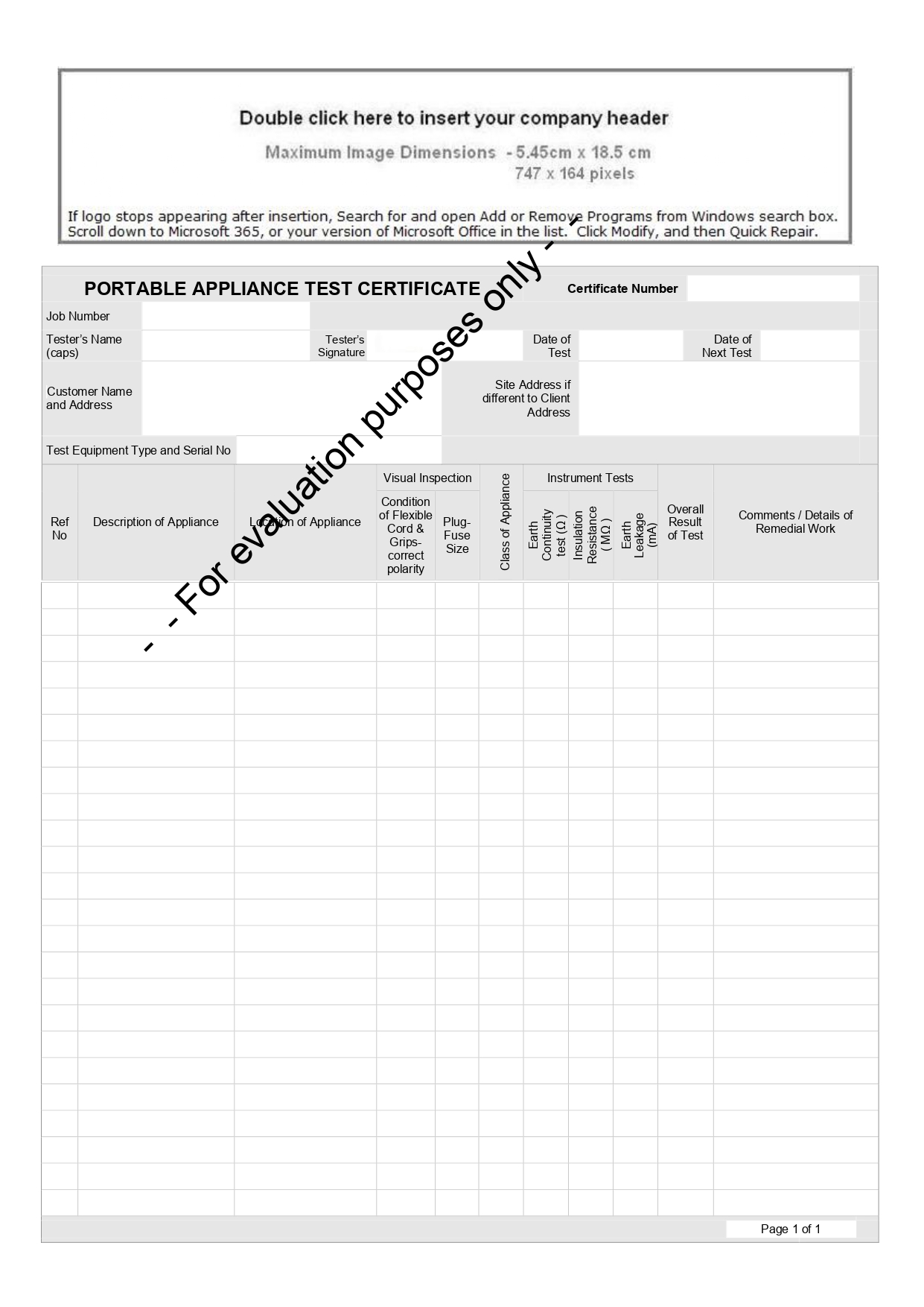 Portable Appliance Testing (PAT) Form preview