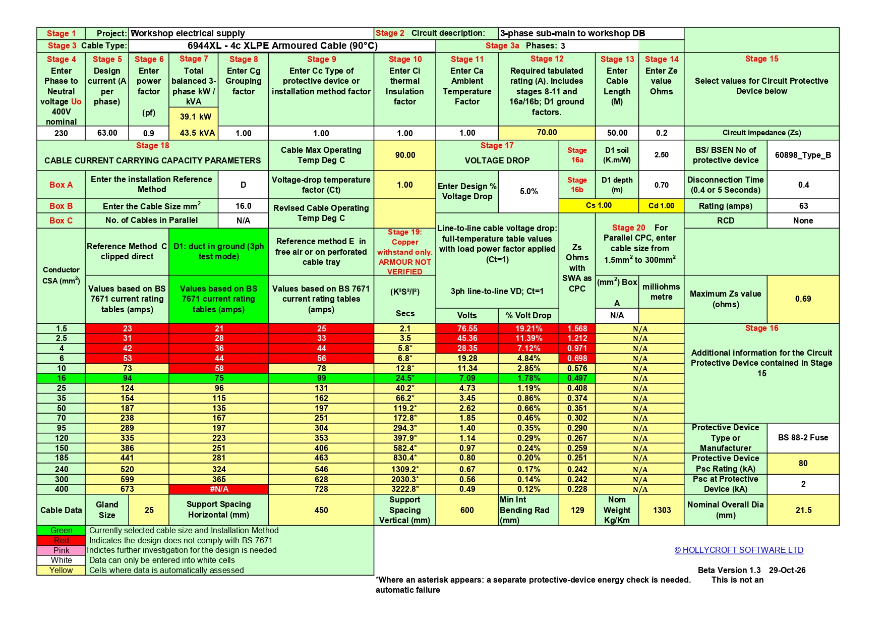 XLPE/SWA beta calculator worksheet layout, saved in single-phase mode