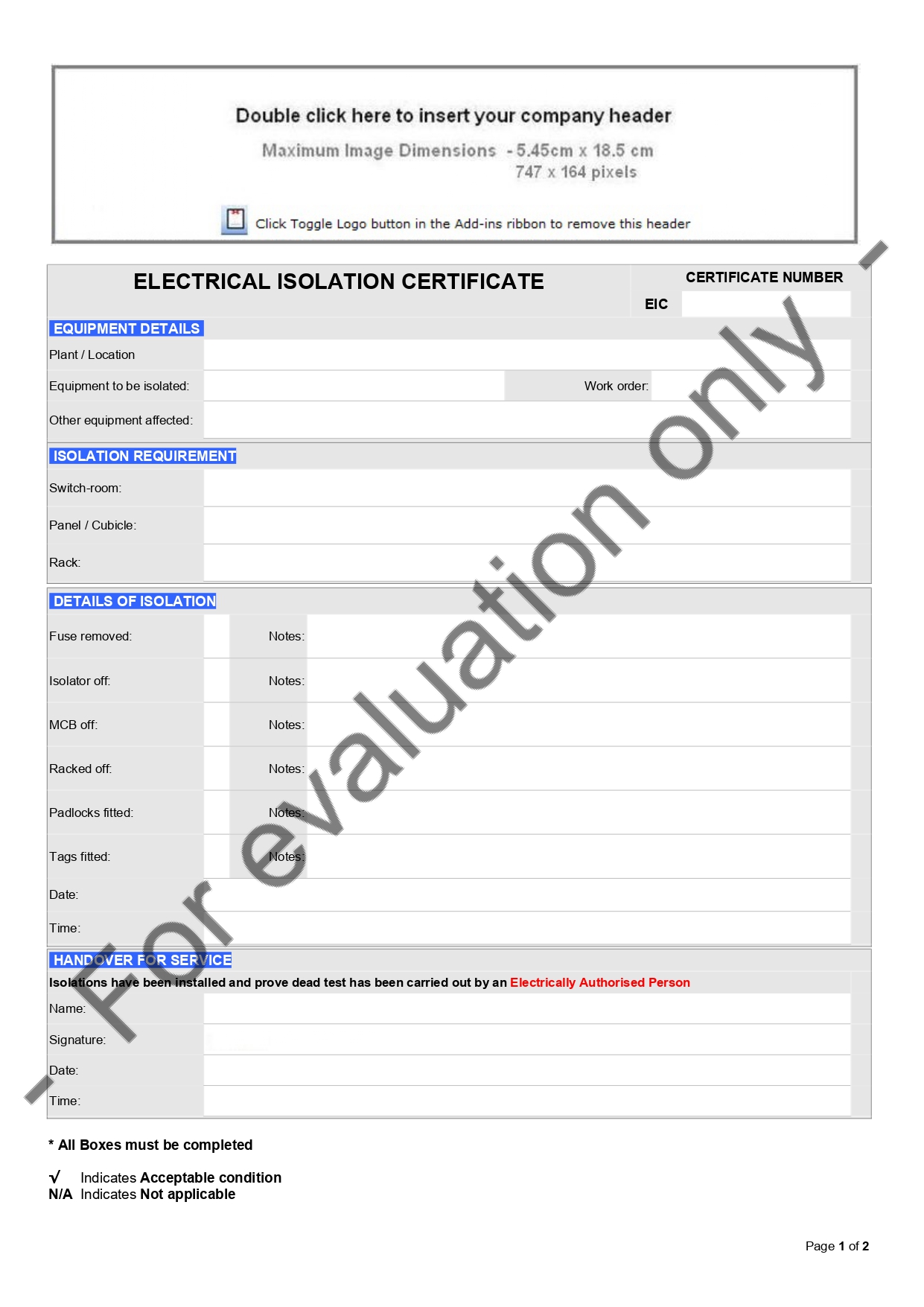 Electrical Isolation Certificate - page 1 preview