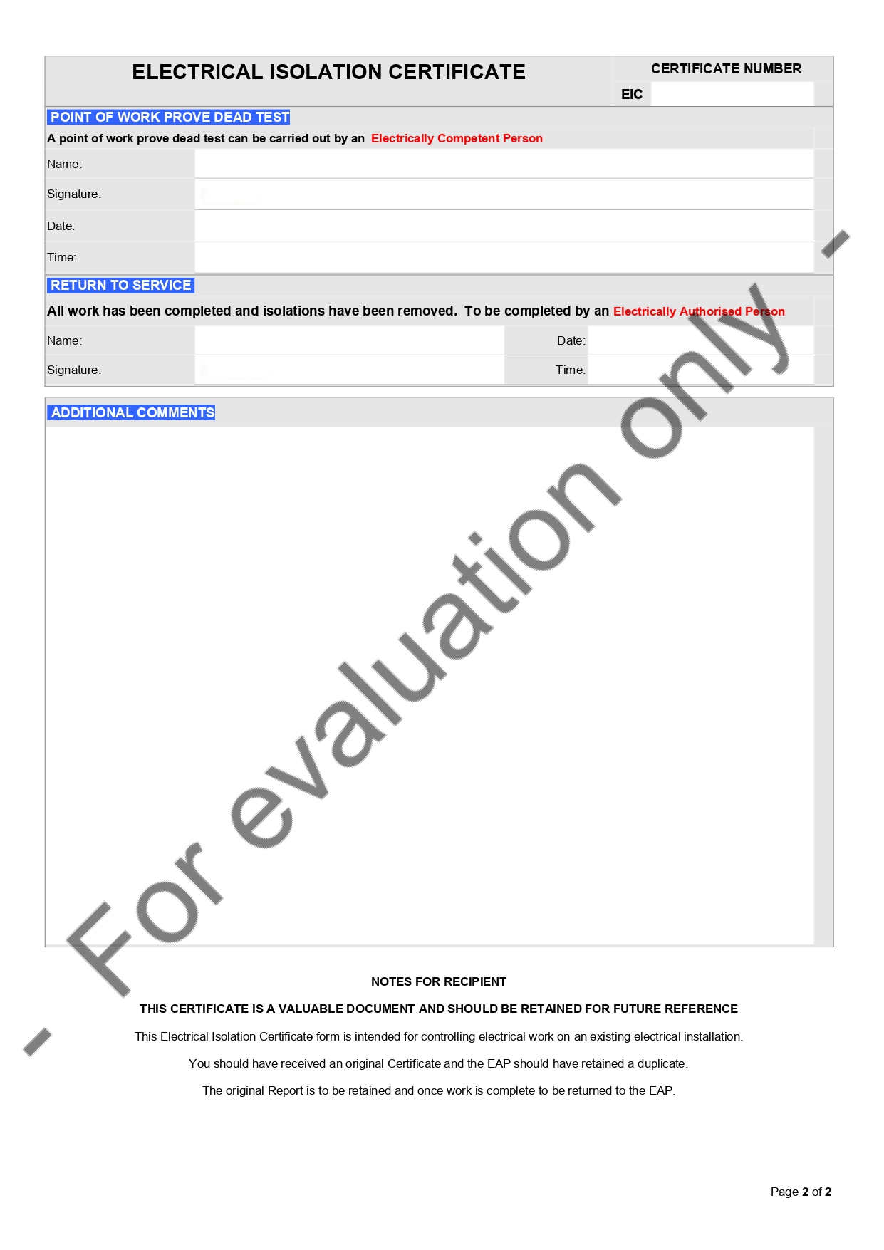 Electrical Isolation Certificate - page 2 preview