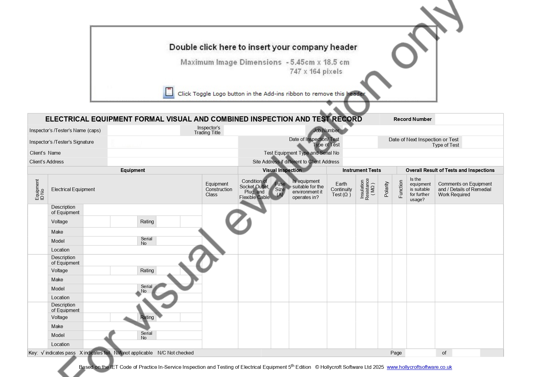 Electrical Equipment Formal Visual and Combined Inspection and Test Record based on the IET Code of Practice 5th Edition